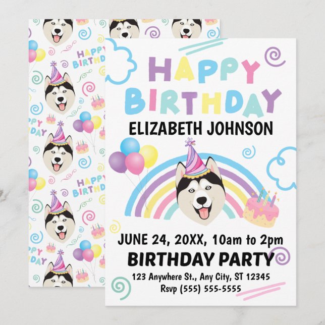 Convite Siberian Husky Birthday Invitation (Frente/Verso)