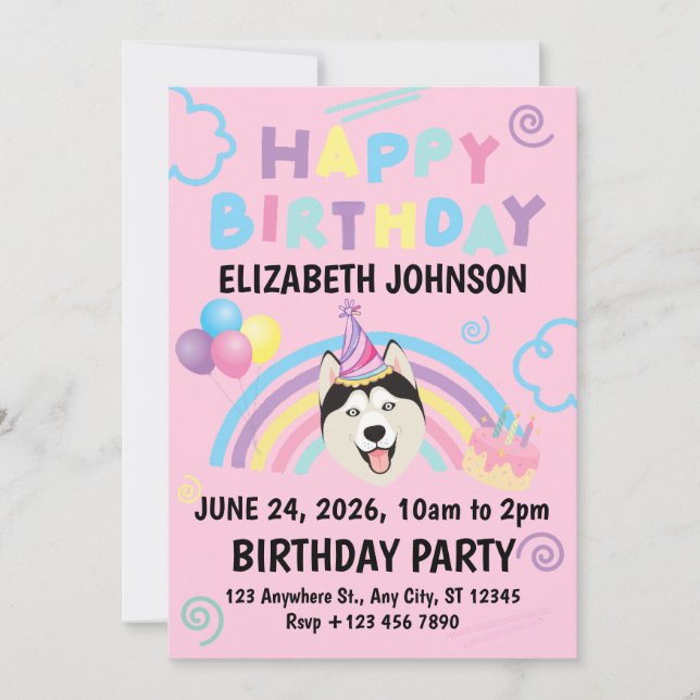 Convite Siberian Husky Birthday Invitation in Pink (Frente)
