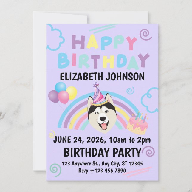 Convite Siberian Husky Birthday Invitation in Purple (Frente)