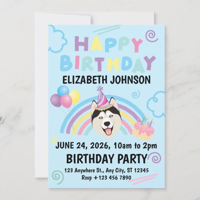 Convite Siberian Husky Birthday Party Invitation Blue (Frente)