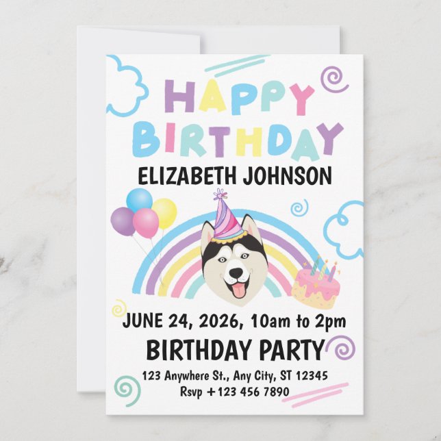 Convite Siberian Husky Birthday Party Invitation White (Frente)