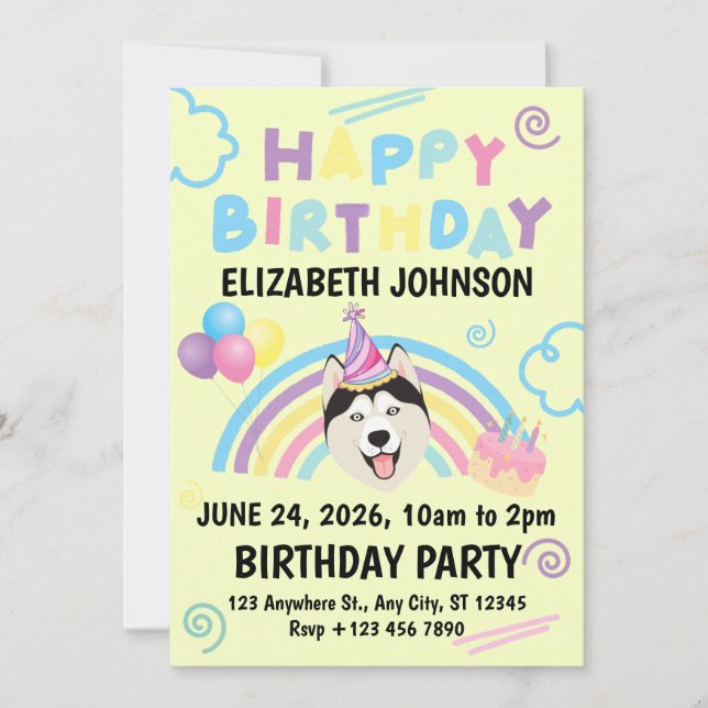 Convite Siberian Husky Birthday Party Invitation Yellow (Frente)