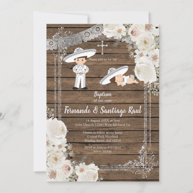 Convite Sibler Silver Fiesta Boy Baptism Aniversário (Frente)