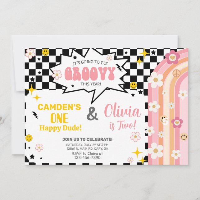 Convite Siblings GROOVY boy and girl birthday invitation. (Frente)