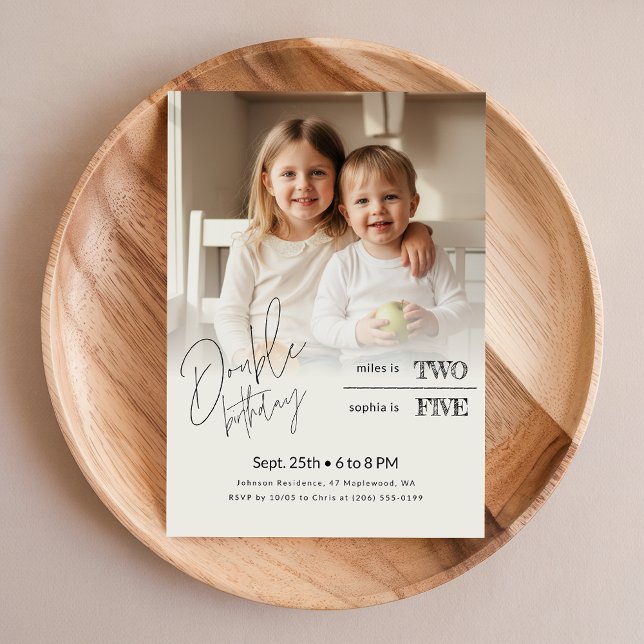 Convite Siblings Photo Kids Joint Double Birthday Party (Criador carregado)