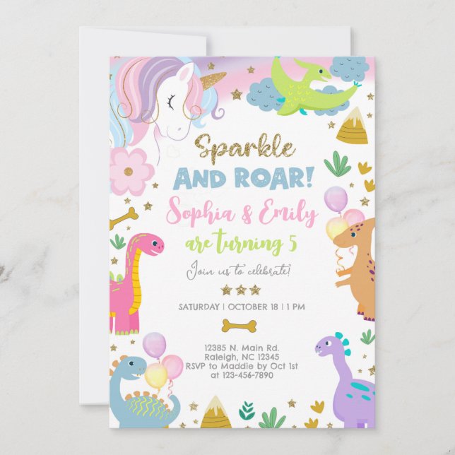 Convite Siblings unicorn and dinosaurs invitation. (Frente)