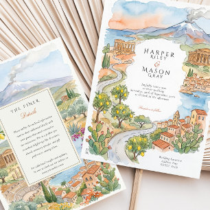 Convite Sicília Itália Aquarela Limão Casamento Monte Etna