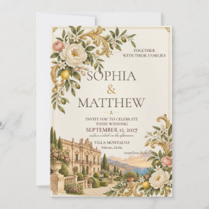 Convite Siciliano Barroco   Casamento Creme e Dourado Anti