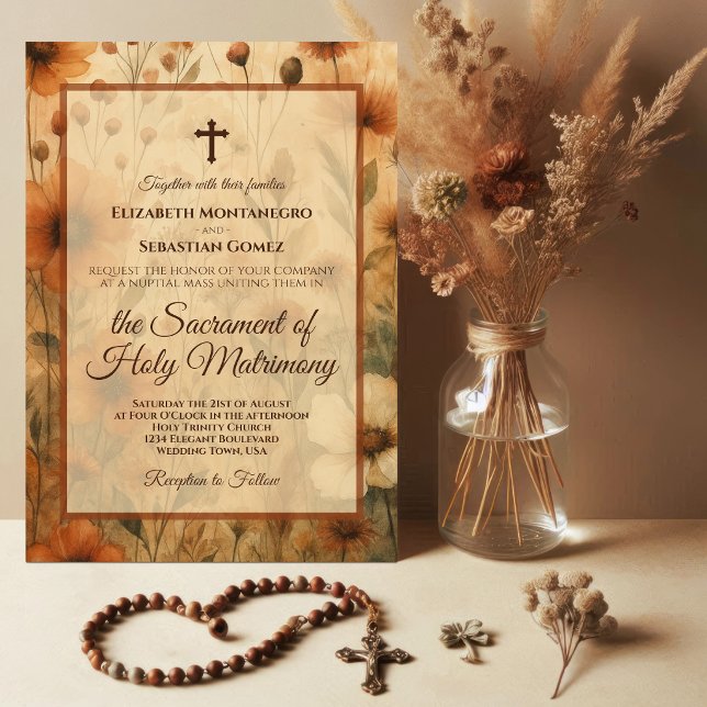Convite Sienna Boho Aquarela Floral Casamento Católico (Criador carregado)