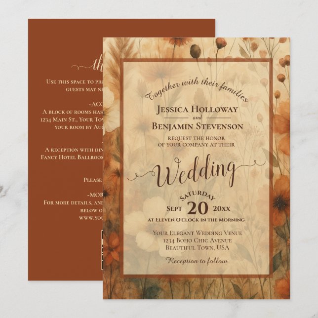 Convite Sienna Boho Floral Calligraphy & QR Code Wedding (Frente/Verso)