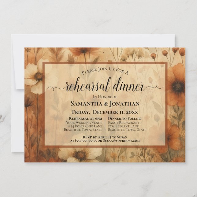 Convite Sienna Boho Wildflowers Wedding Rehearsal Dinner (Frente)