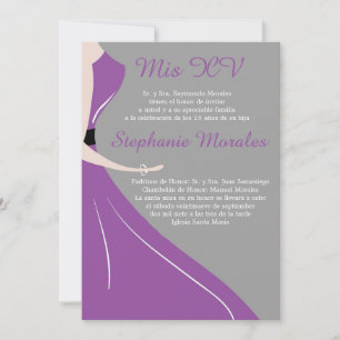 Convite Silhouette Quinceanera, Vestido Roxo