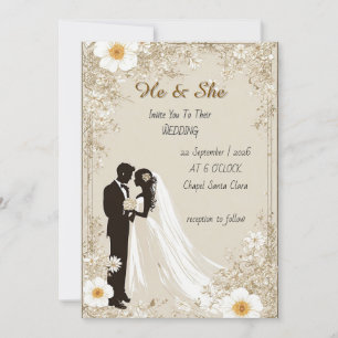Convite Silhueta de Casamento Elegante com Moldura Floral