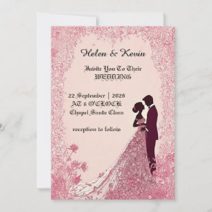 Convite Silhueta de Casamento Elegante com Moldura Floral
