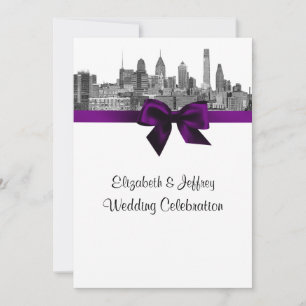 Convite Silhueta de Filadélfia Etch BW Roxo V Casamento