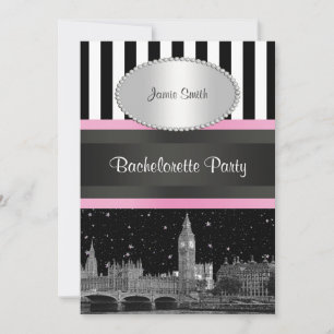 Convite Silhueta de Londres BW Blk Wht Strp Rosa Despedida