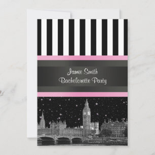 Convite Silhueta de Londres BW Blk Wht Strp Rosa Despedida