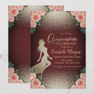 Convite Silhueta de Menina, Confetes Florais Quinceañera