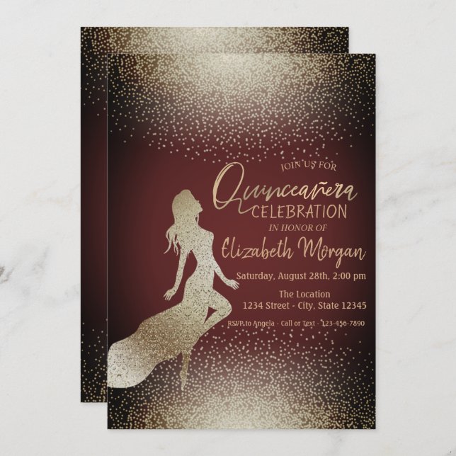 Convite Silhueta de Menina Elegante, Confetti Quinceañera (Frente/Verso)