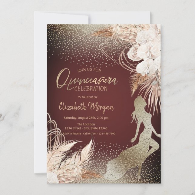 Convite Silhueta de Menina, Flores Boho Florais Grama Pamp (Frente)