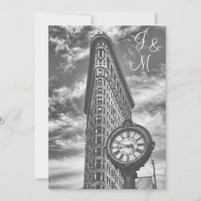 Convite Silhueta de NYC Edifício Flatiron e Relógio Casame (Frente)