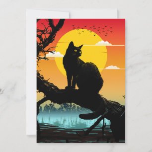 Convite Silhueta do Gato e da Árvore ao Pôr do Sol