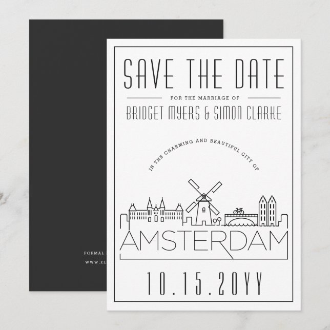 Convite Silhueta Estilizada de Amsterdã para Save the Date (Frente/Verso)