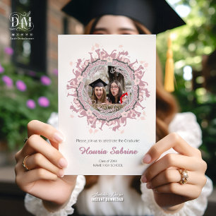 Convite Silhueta Feminina Rosa Moderno de Graduada com Bor