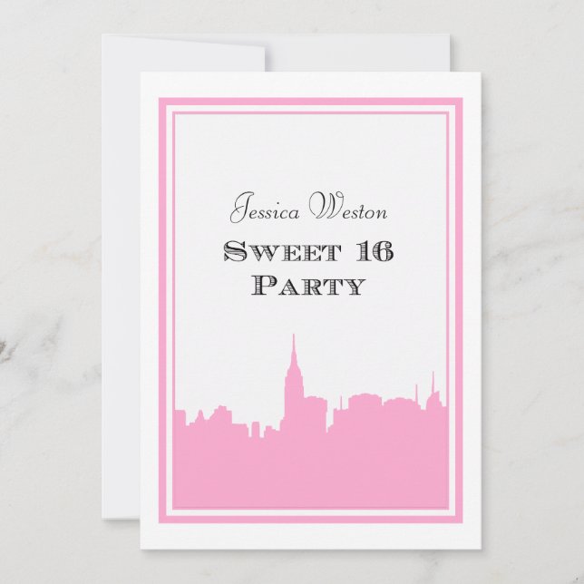 Convite Silhueta Rosa da Cidade de Nova York #2 DIY Sweet  (Frente)