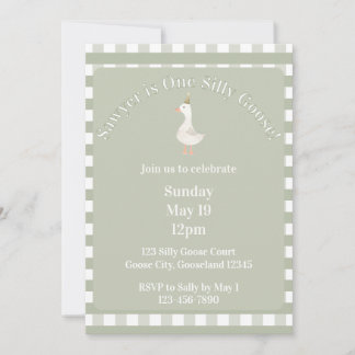 Convite Silly Goose 1st Birthday Invitation (Sage Green)