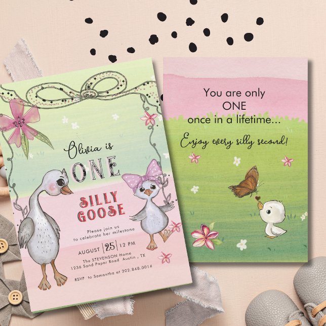 Convite Silly Goose 1st Birthday Pink Bow Green Coquette  (Silly Goose 1st Birthday Pink Bow Green Coquette Invitation)