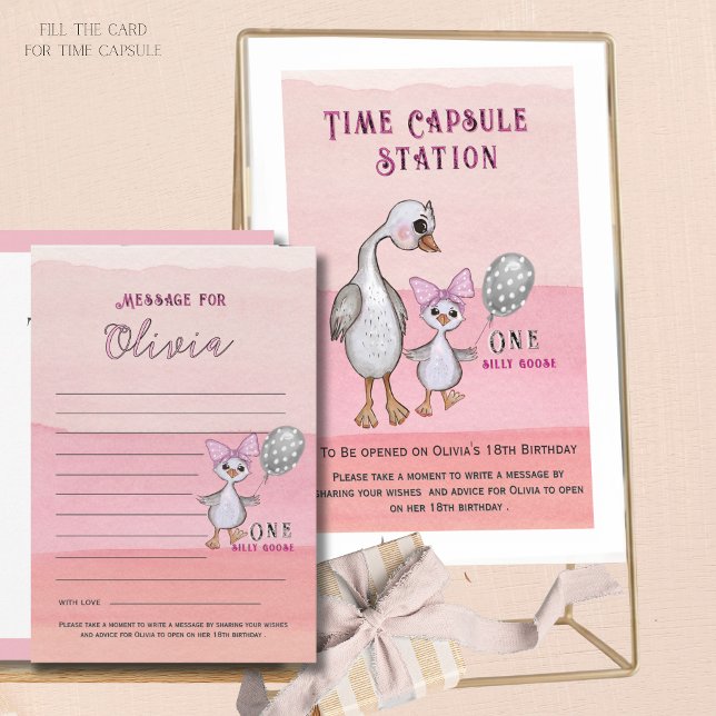 Convite Silly Goose 1st Birthday Pink Time Capsule Card (Silly Goose 1st Birthday Pink Time Capsule Card)