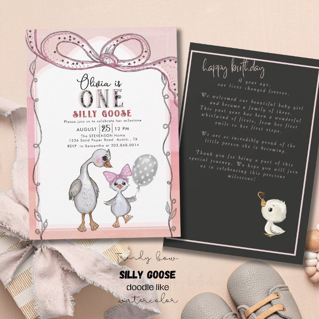 Convite Silly Goose 1st Birthday Watercolor Hand drawn (Silly Goose 1st Birthday Watercolor Hand drawn Invitation)