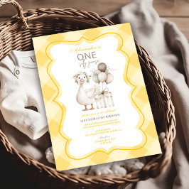 Convite Silly Goose 1st Birthday Yellow Gingham