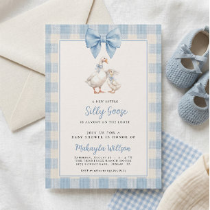 Convite Silly Goose Azul Xadrez com Laço Chá de Bebê