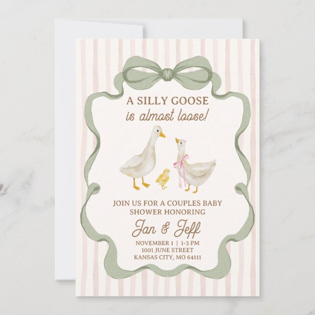Convite Silly Goose Baby Shower Invite Pink Stripe (Frente)