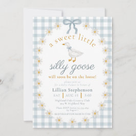 Convite Silly Goose Blue Bow Daisy Gingham Baby Shower
