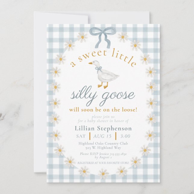 Convite Silly Goose Blue Bow Daisy Gingham Baby Shower (Frente)