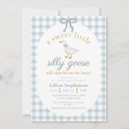 Convite Silly Goose Blue Bow Duck Gingham Baby Shower