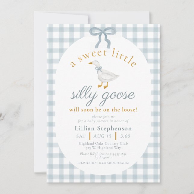 Convite Silly Goose Blue Bow Duck Gingham Baby Shower (Frente)