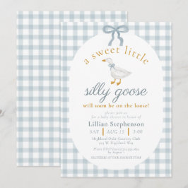 Convite Silly Goose Blue Bow Duck Gingham Baby Shower