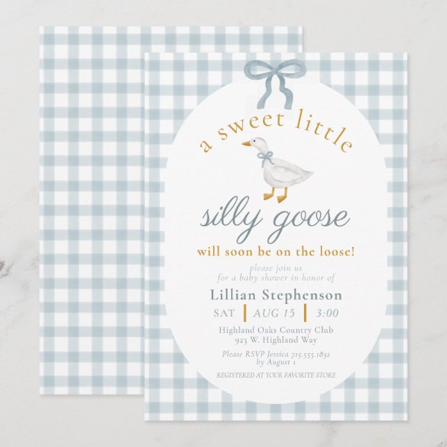 Convite Silly Goose Blue Bow Duck Gingham Baby Shower (Frente/Verso)