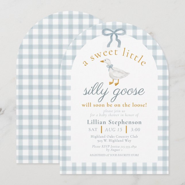 Convite Silly Goose Blue Bow Duck Gingham Baby Shower Arch (Frente/Verso)