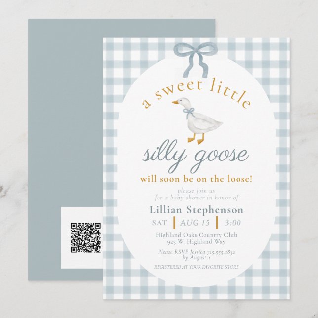 Convite Silly Goose Blue Bow Gingham Baby Shower QR Code (Frente/Verso)