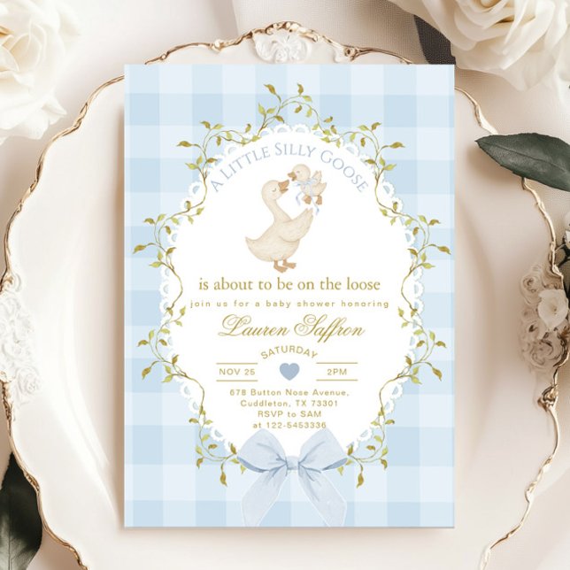 Convite Silly Goose Blue Gingham Baby Boy Shower (Criador carregado)
