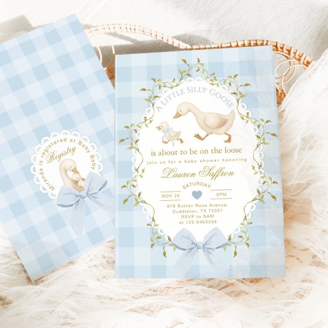 Convite Silly Goose Blue Gingham Baby Boy Shower (Criador carregado)
