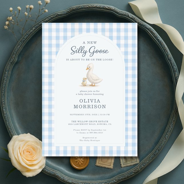 Convite Silly Goose Blue Gingham Baby Shower (Criador carregado)