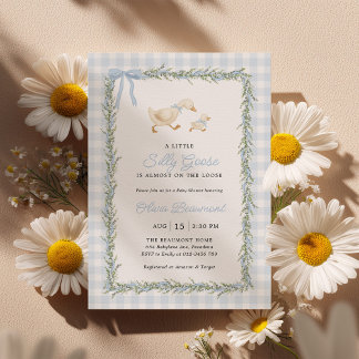 Convite Silly Goose Blue Gingham Baby Shower Invitation