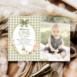 Convite Silly Goose Floral Green Gingham 1st Birthday
