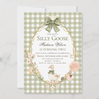 Convite Silly Goose Floral Green Gingham Birthday Party